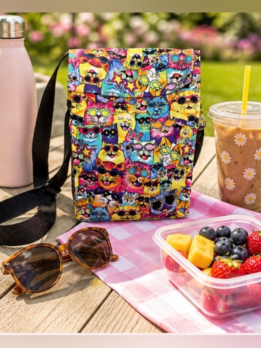 Colorful Cat Print Crossbody Lunch Tote Kawaii Style